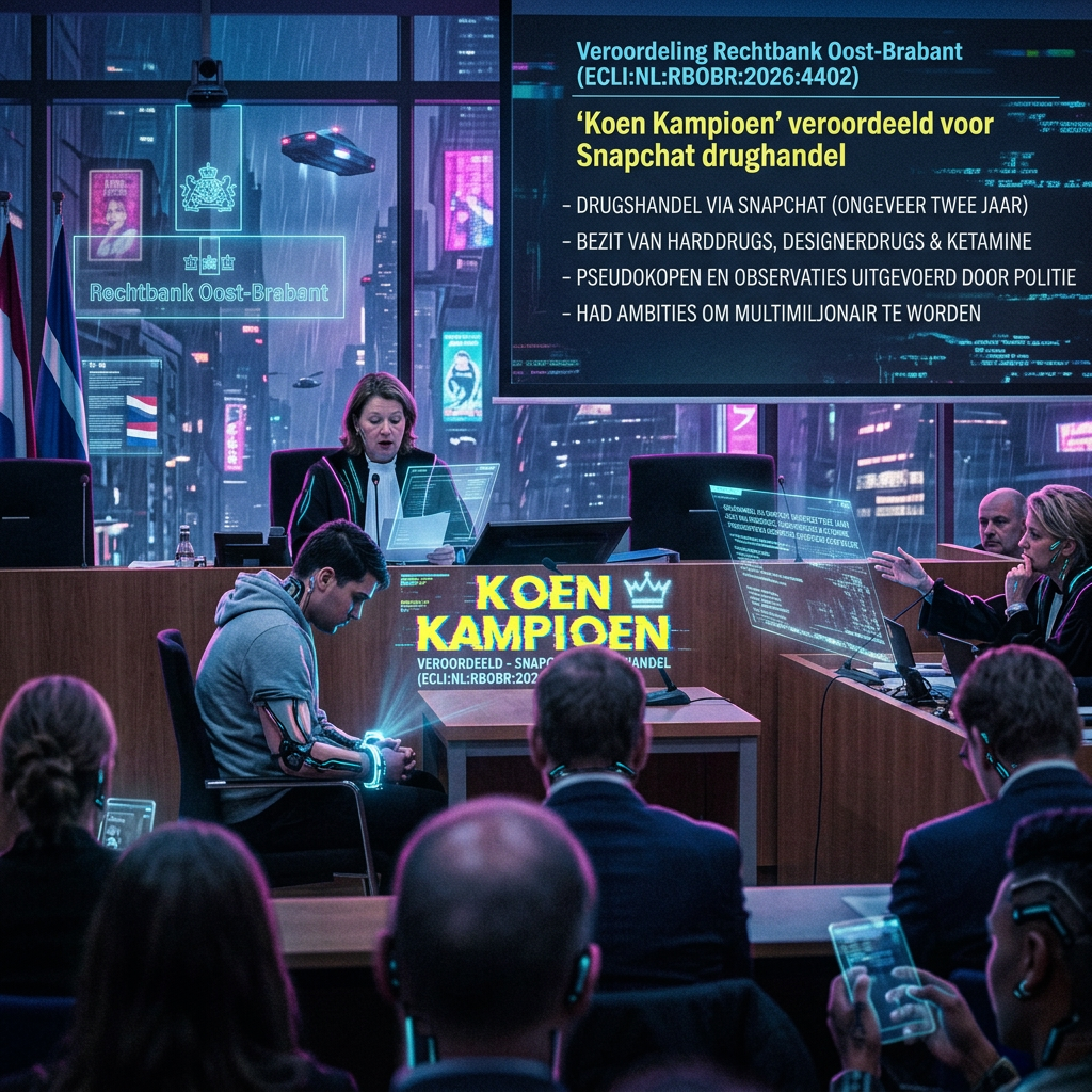 Rechtbank Oost-Brabant; slide reads: Veroordeling Rechtbank Oost-Brabant (ECLI:NL:RBOBR:2026:4402), ‘Koen Kampioen’ veroordeeld voor Snapchat drugshandel, drugshandel via Snapchat, bezit van harddrugs, designerdrugs en ketamine, pseudokopen en observaties uitgevoerd door politie, had ambities om multimiljonair te worden.